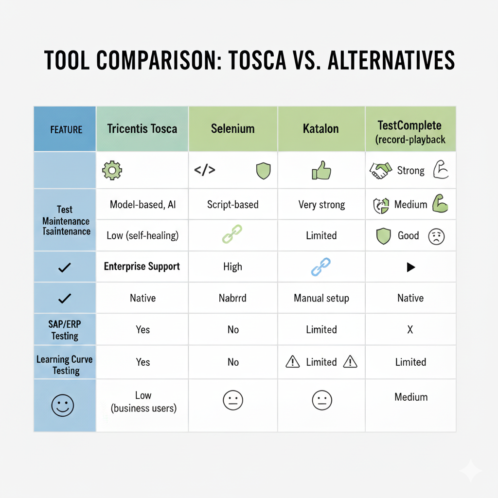 Infographic comparing Tricentis Tosca, Selenium, Katalon, and TestComplete across several features.