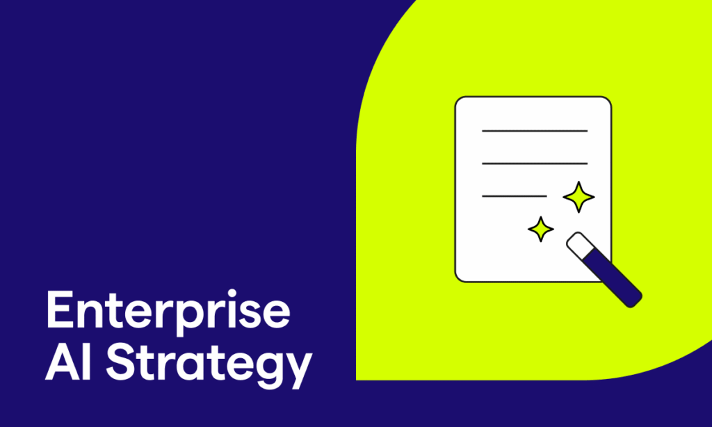 Abstract visualization of enterprise AI strategy, showcasing interconnected data systems and futuristic decision frameworks — no text.