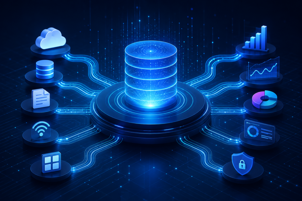 Abstract illustration of a unified data platform connecting cloud, analytics, applications, databases, and security through a centralized enterprise data architecture.