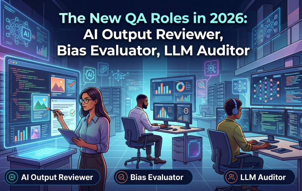 AI quality assurance pipeline showing new QA roles in 2026 including AI Output Reviewer, Bias Evaluator, and LLM Auditor