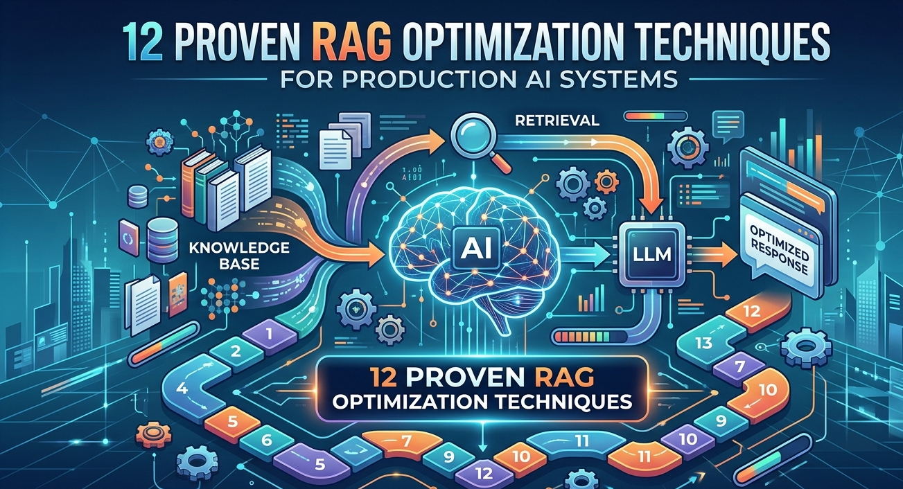 A high-tech infographic titled "12 Proven RAG Optimization Techniques for Production AI Systems" showing a flowchart connecting a knowledge base, a central AI brain, and an LLM with numbered steps and circuit-style accents.