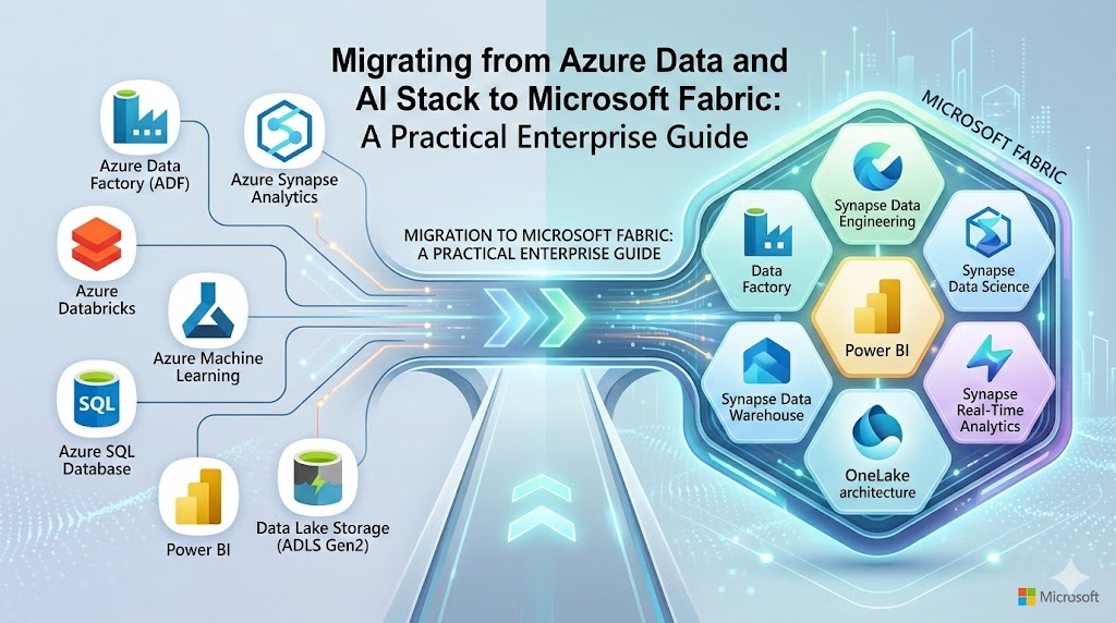 Conceptual diagram illustrating the migration path from Azure Data & AI services (ADF, Databricks, Synapse) into the unified Microsoft Fabric architecture.