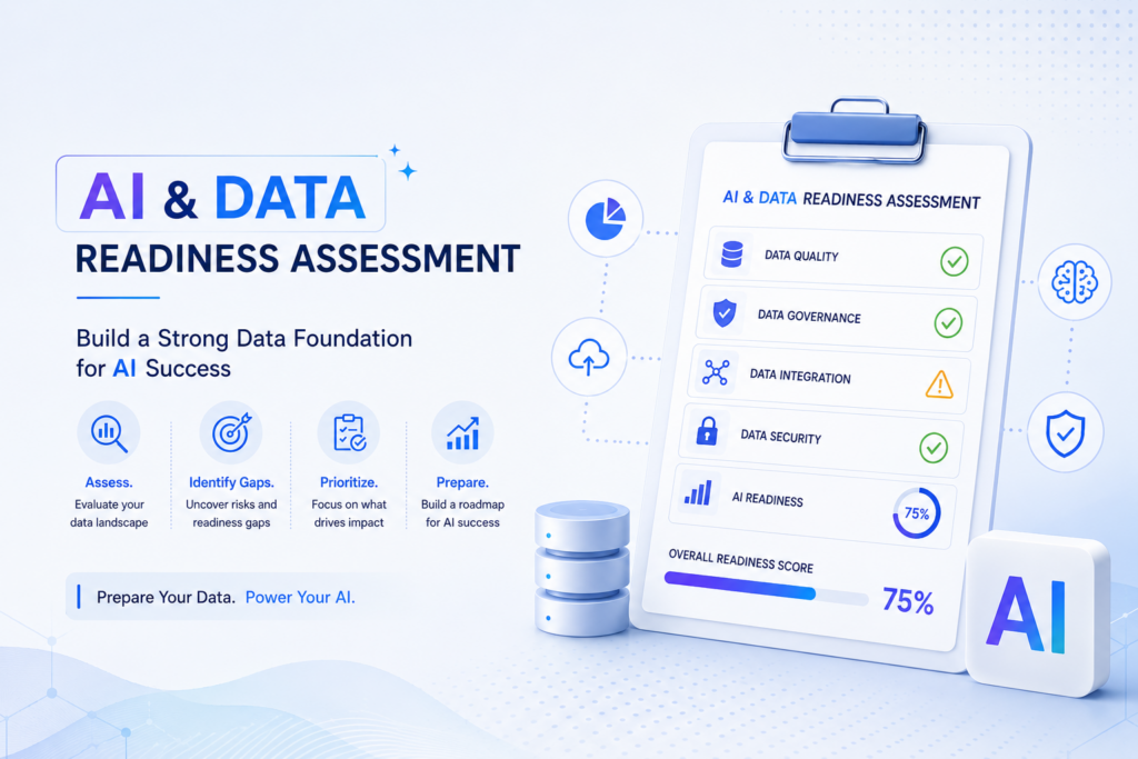 AI Data Readiness Assessment dashboard illustrating data quality, governance, integration, security, and AI readiness in a modern blue and white design.