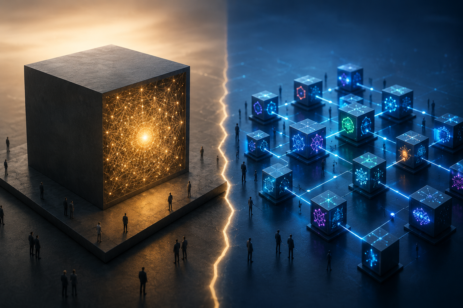 A conceptual AI architecture illustration comparing a centralized monolithic AI system with a distributed microservices-based AI ecosystem, showing interconnected intelligent modules, data flows, scalability, and enterprise technology infrastructure.