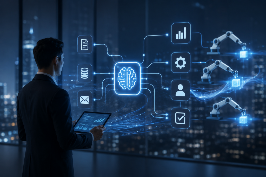 Business professional monitoring AI-driven workflow automation through an intelligent digital dashboard, with interconnected processes, robotic automation, data flows, and enterprise systems operating seamlessly in a modern technology environment.