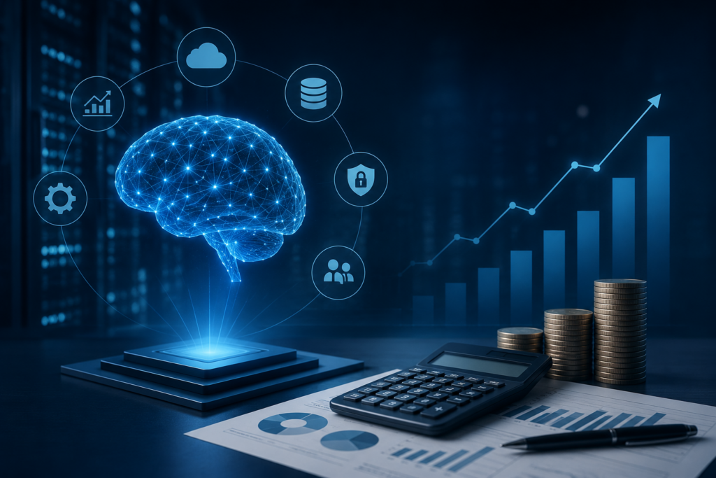Illustration of enterprise AI infrastructure with cost analytics, cloud computing, AI processing, and financial metrics representing the total cost of ownership (TCO) of managing enterprise AI systems.