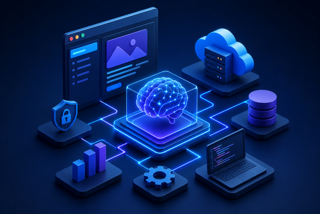 3D illustration of an AI-native software architecture with connected AI services, cloud infrastructure, data platforms, security, analytics, and application components representing enterprise AI product engineering