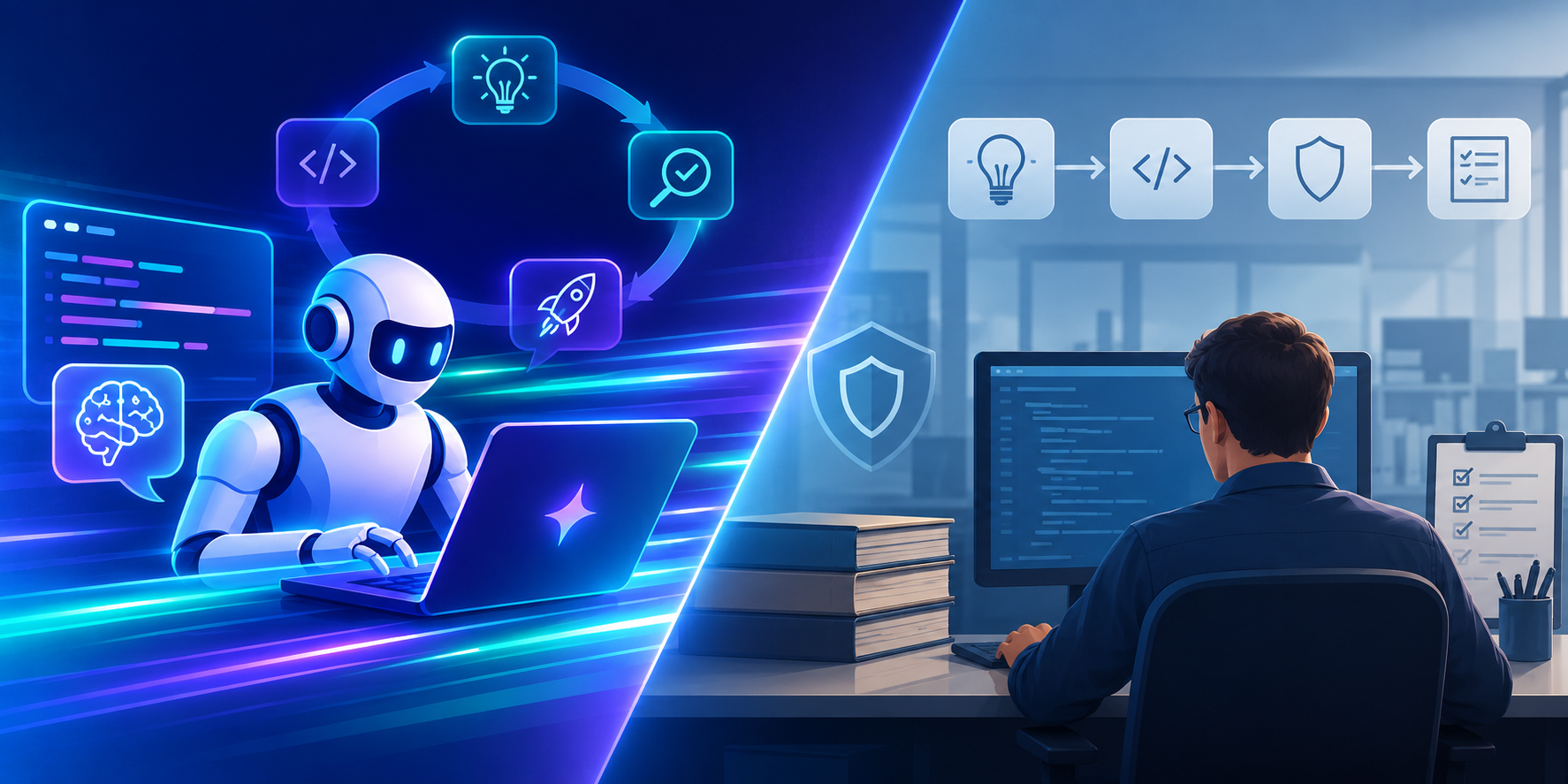 AI-native software development compared with traditional software development illustration