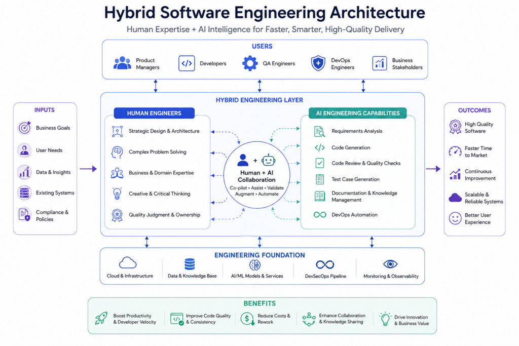 Hybrid software engineering architecture showing human engineers and AI capabilities collaborating across the software development lifecycle to deliver faster, high-quality software