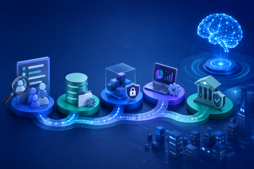 3D illustration of enterprise applications powered by large language models, connecting business data, AI systems, security, analytics, and intelligent automation.
