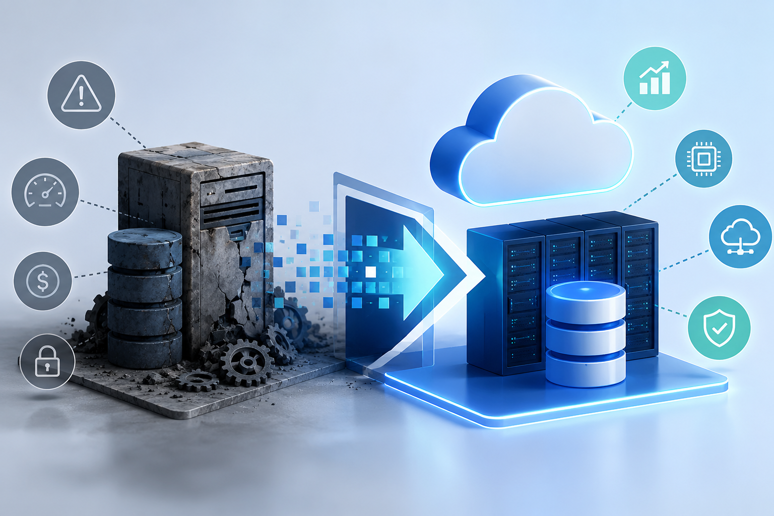 Legacy enterprise applications transitioning to modern cloud-native infrastructure, illustrating application modernization, digital transformation, and legacy system modernization.