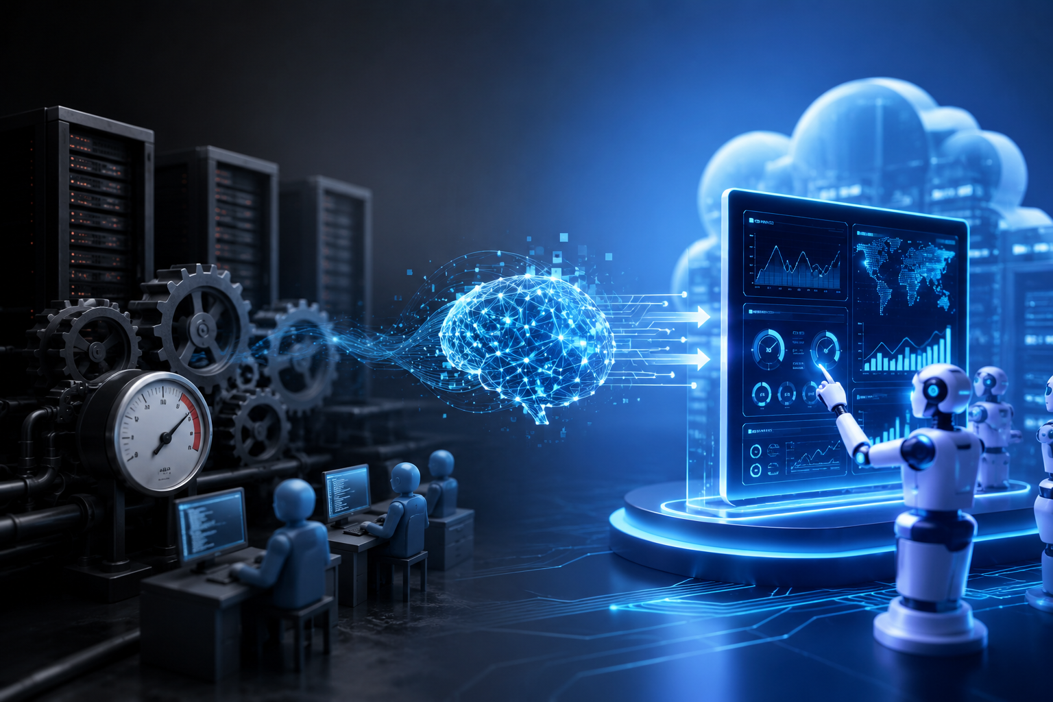 Conceptual illustration comparing traditional load testing with AI-powered testing, showing intelligent automation, predictive analytics, cloud infrastructure, and enterprise application performance optimization.