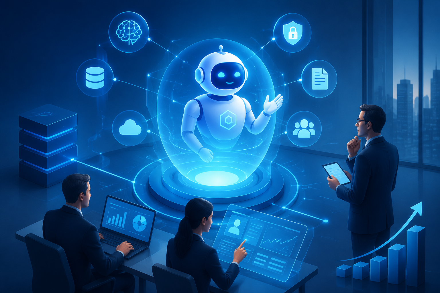 Enterprise AI copilot integrating business data, knowledge, security, and automation across enterprise systems using generative AI.