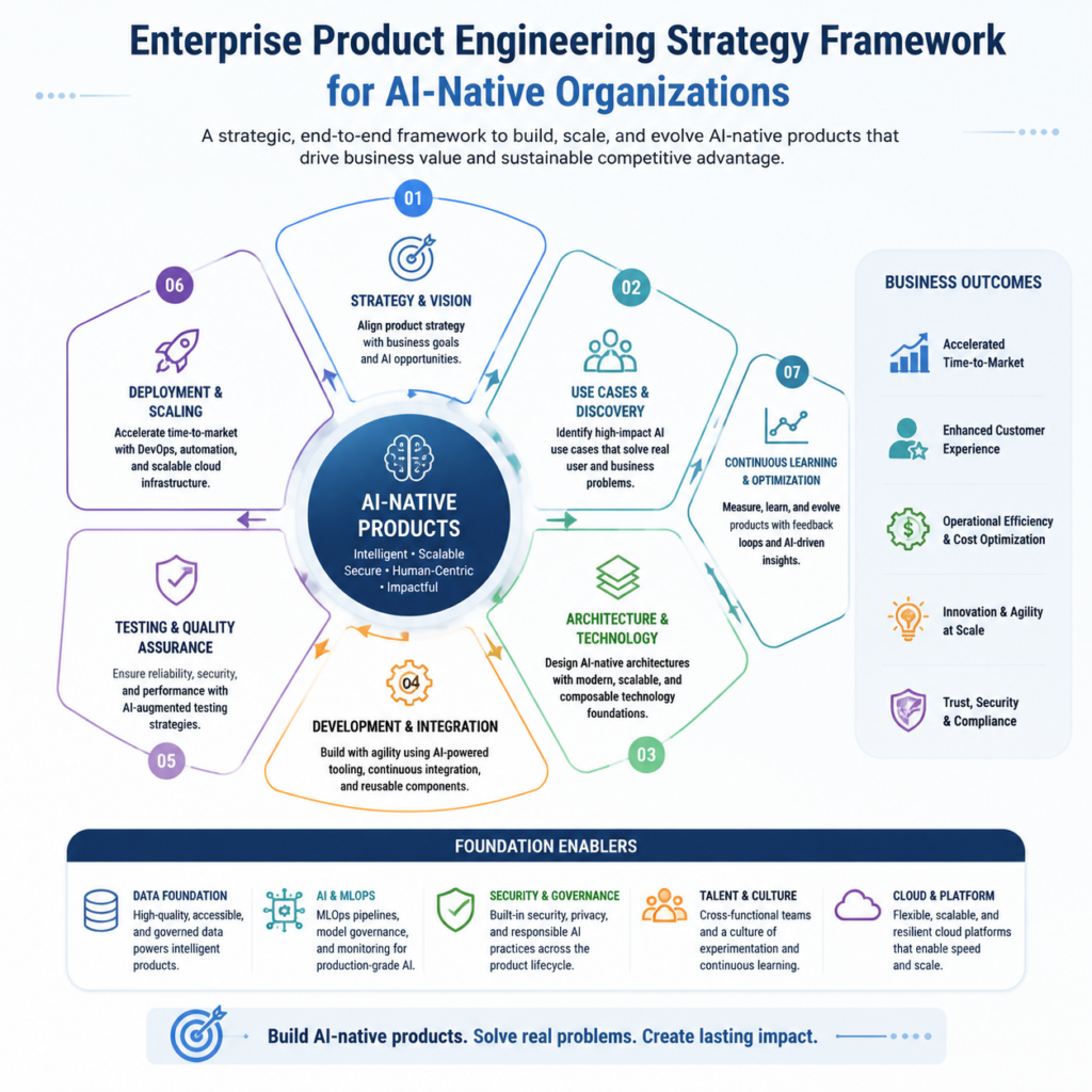Enterprise product engineering strategy framework illustrating the lifecycle of AI-native product development, from strategy and architecture to deployment, governance, and business outcomes.