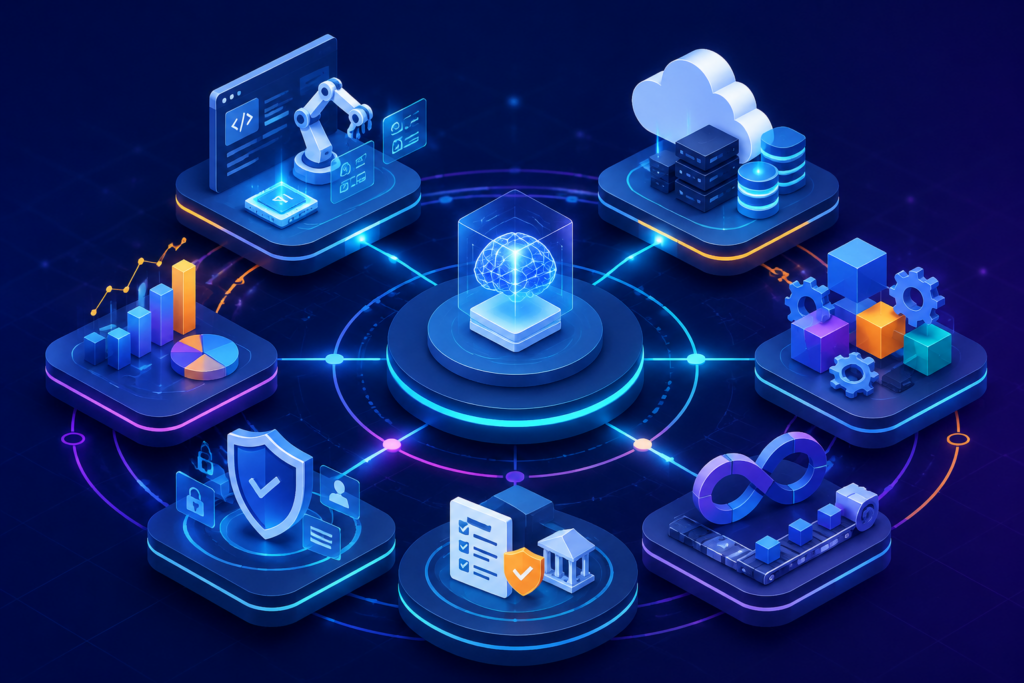 Product engineering strategy framework illustrating AI-native software development, cloud architecture, platform engineering, DevSecOps, governance, and continuous product modernization.