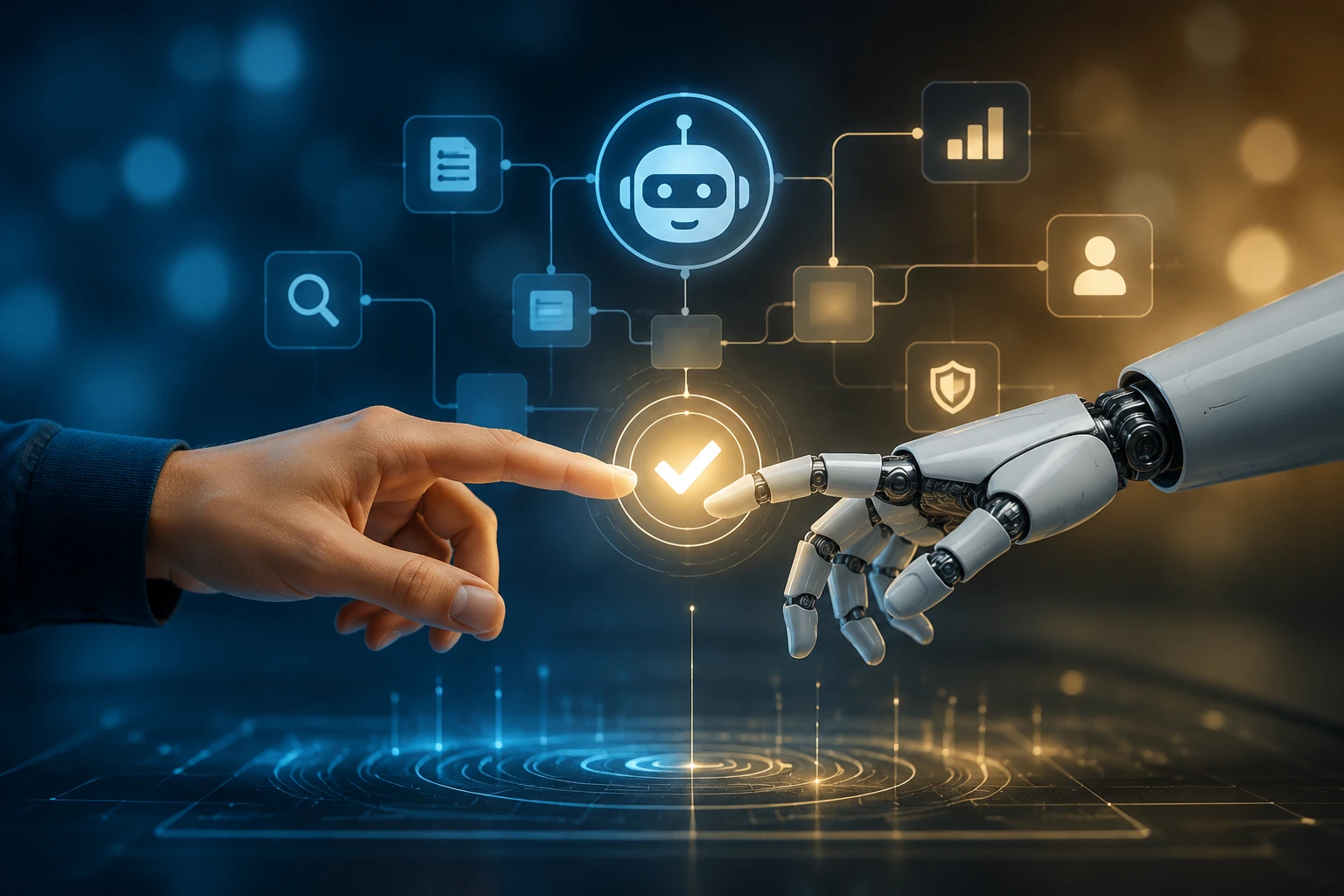 Human and AI hands interacting with a digital workflow interface, representing human-in-the-loop agentic AI, enterprise governance, human oversight, and controlled autonomous AI systems.