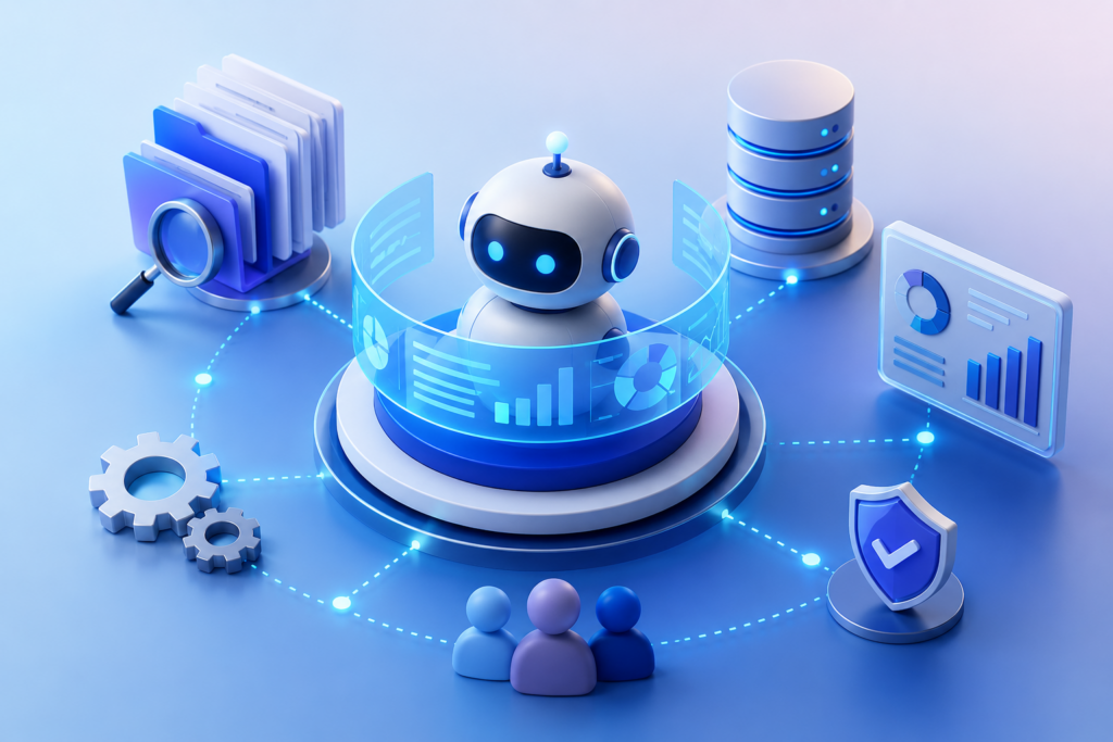 Illustration of an enterprise AI agent connected to data sources, analytics, security, and monitoring systems representing AI agent evaluation, testing, and observability.