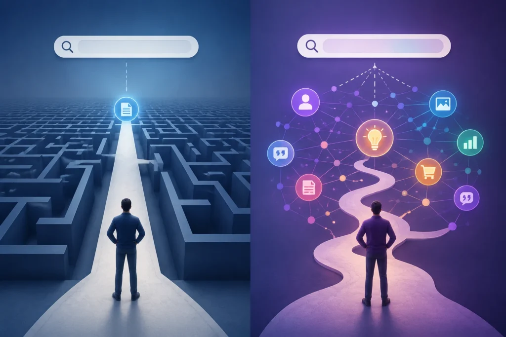 Comparison of keyword search and semantic search illustrated through a linear search path versus an interconnected AI knowledge network.