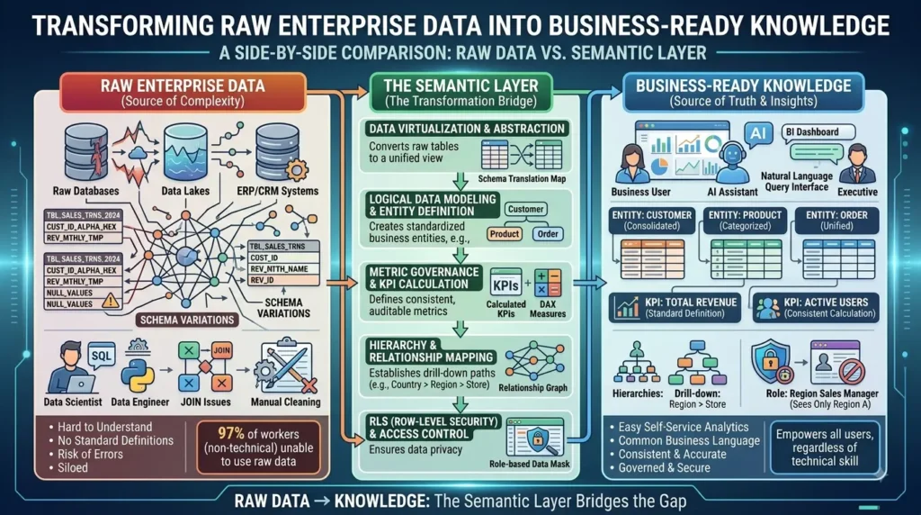 Comparison of raw enterprise data and a semantic layer