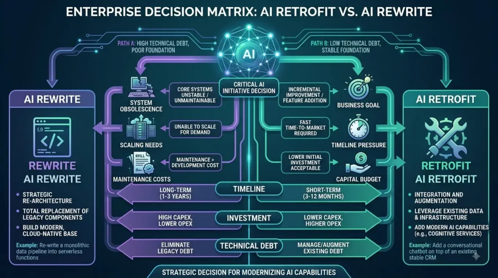 Enterprise decision matrix for AI retrofit versus AI rewrite