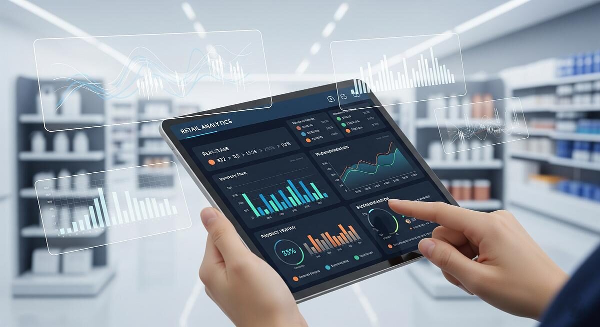Retail analytics dashboard on a tablet held in a store aisle, showing real-time inventory and product-performance charts