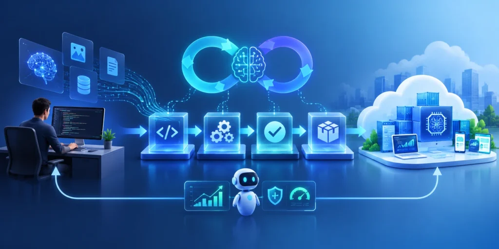 AI-native DevOps CI/CD pipeline for AI-powered applications showing continuous integration, testing, deployment, AI infrastructure, and monitoring