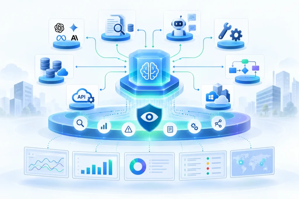 AI observability architecture monitoring models, prompts, agents, workflows, APIs, and enterprise data systems