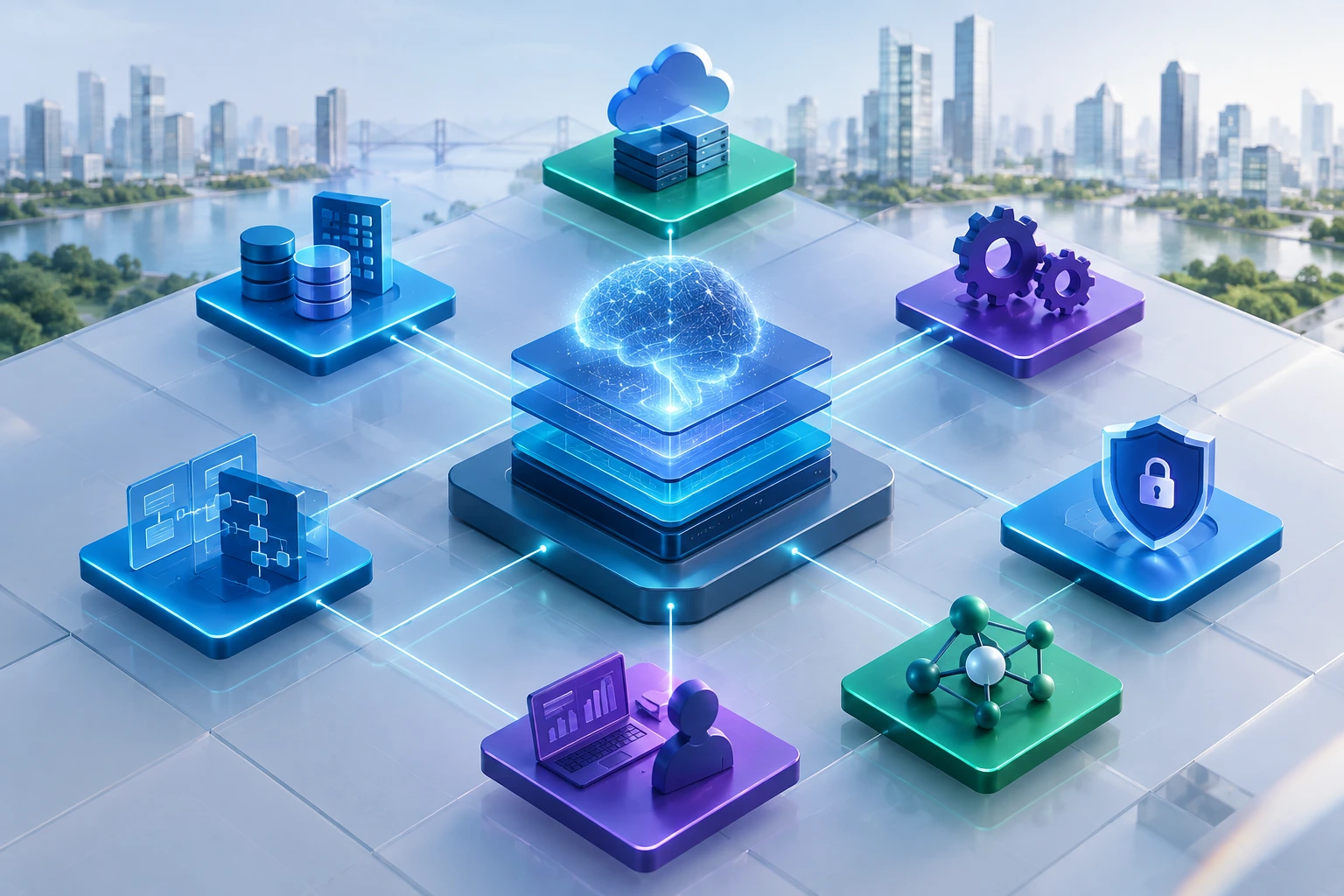AI-native enterprise application architecture with interconnected data, cloud, automation, security, analytics, and AI components