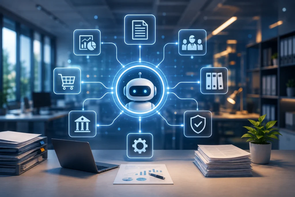 AI workflow automation connecting enterprise back-office operations across finance, HR, procurement, IT, compliance, and document management