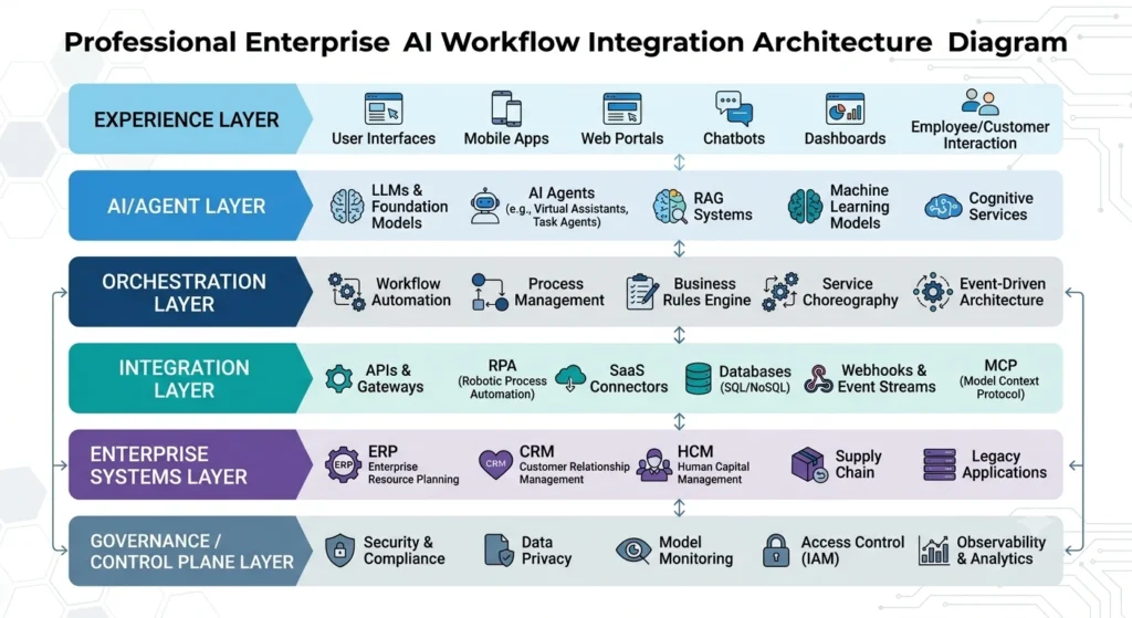 Enterprise AI workflow integration architecture connecting AI agents with APIs, SaaS, databases, RPA, and enterprise systems