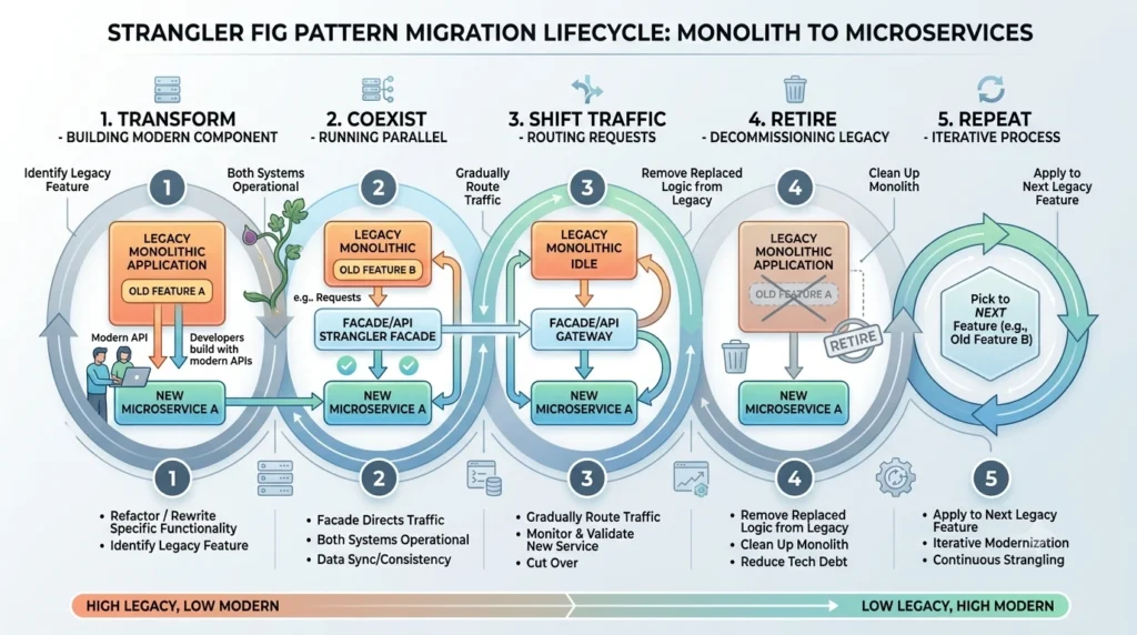 Strangler Fig Pattern migration lifecycle from legacy application to modern architecture