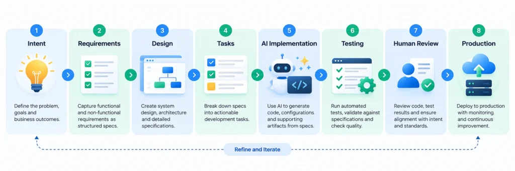 Spec-Driven Development workflow from requirements and design to AI implementation and testing