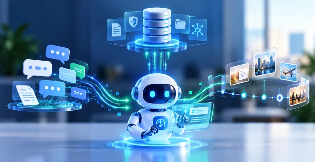 AI agent memory architecture illustrating short-term conversational memory, long-term knowledge storage, and episodic memory for past experiences.