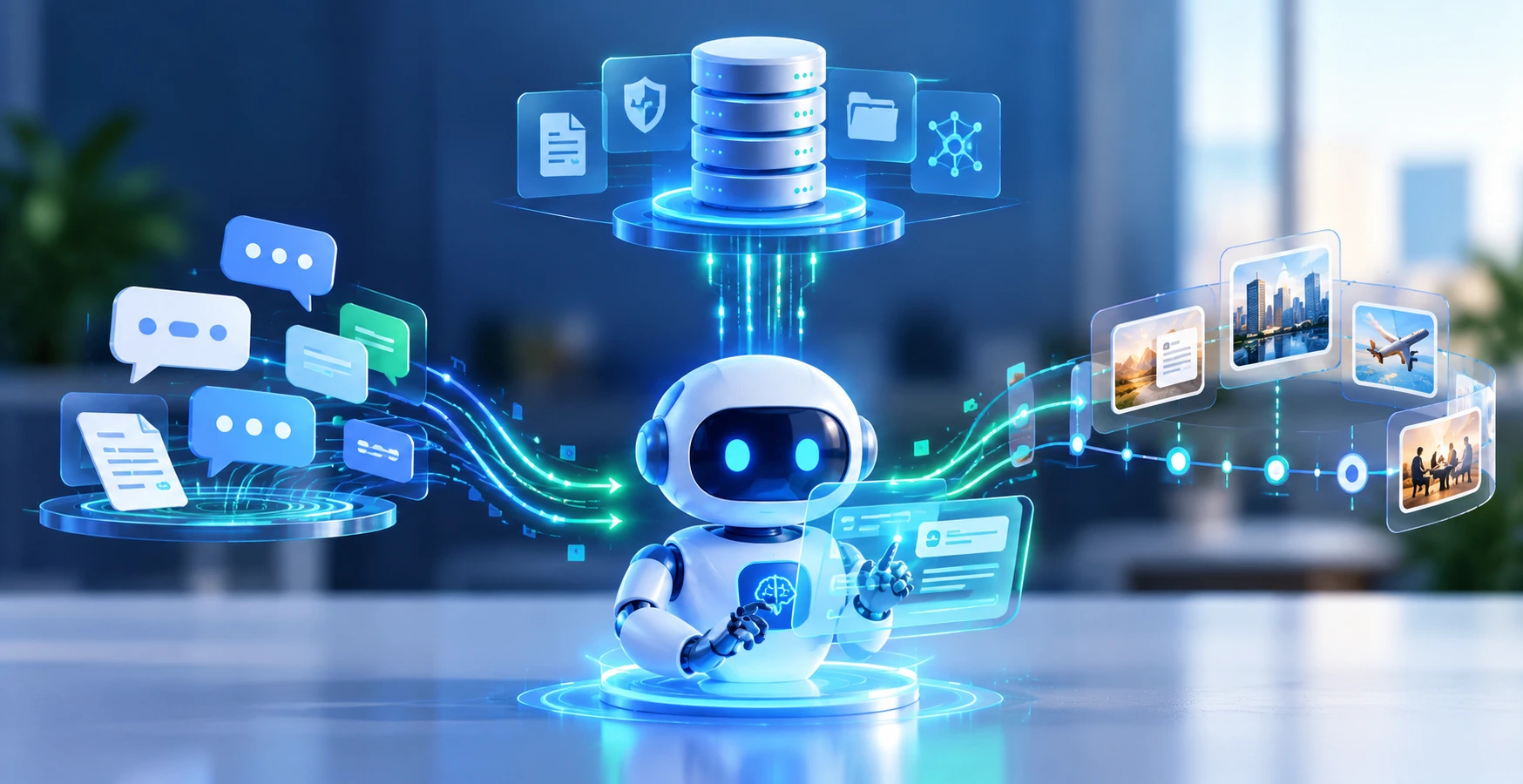 AI agent memory architecture illustrating short-term conversational memory, long-term knowledge storage, and episodic memory for past experiences.