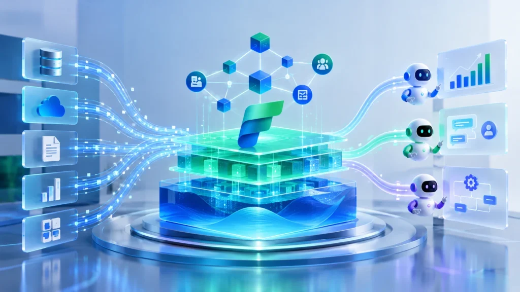 Microsoft Fabric IQ connecting enterprise data, business semantics, analytics, and AI agents.