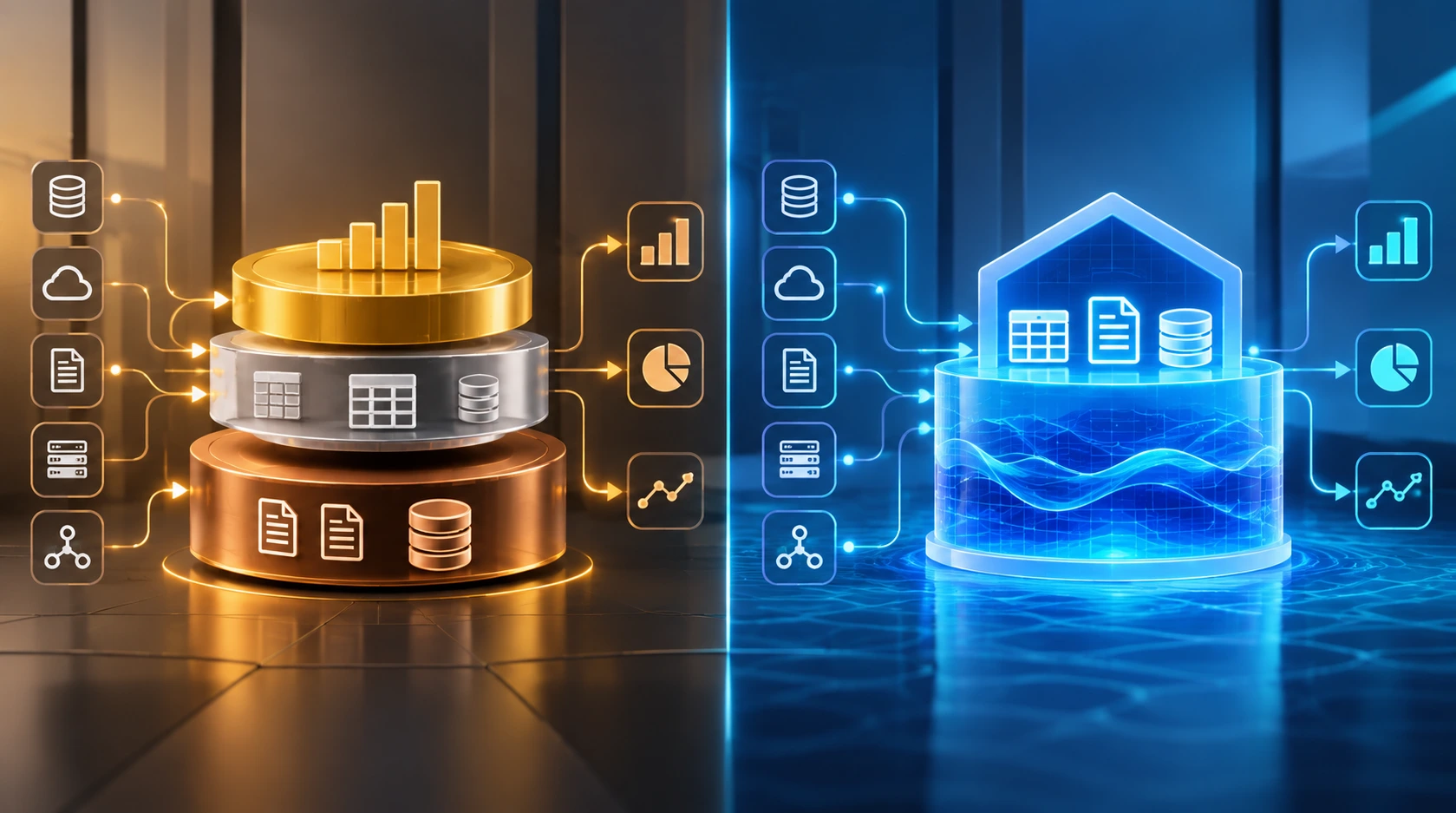 Medallion architecture and lakehouse data models compared in a split enterprise data architecture illustration