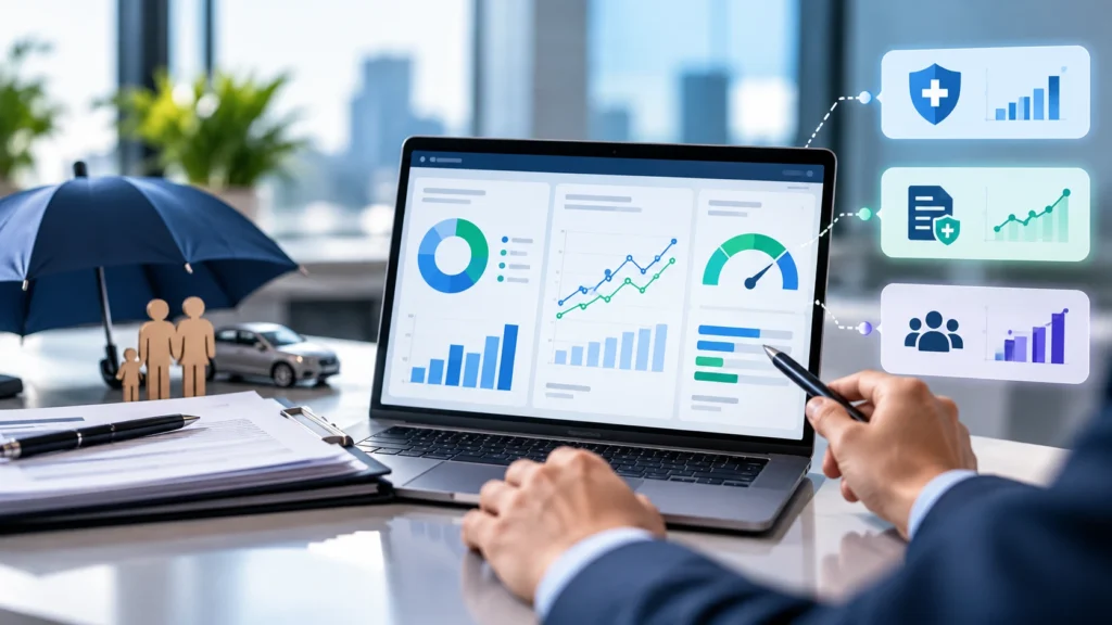 Power BI dashboard showing insurance KPIs for loss ratios, claims velocity, and customer retention