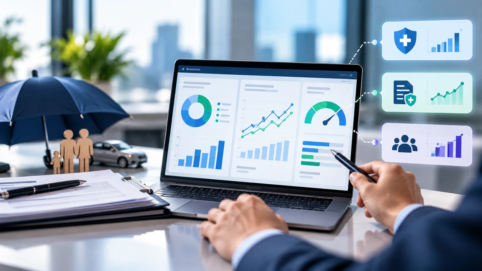 Power BI dashboard showing insurance KPIs for loss ratios, claims velocity, and customer retention